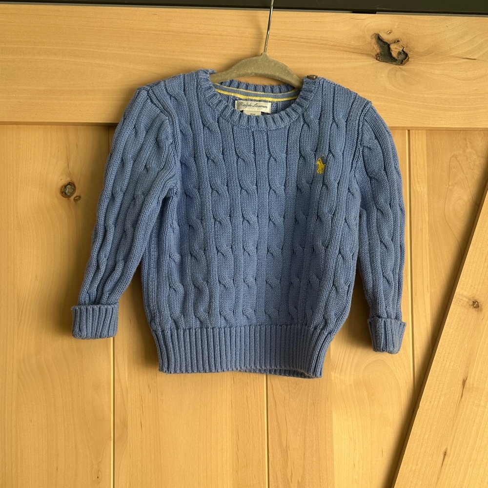 Ralph Lauren Blue Cable Knit Sweater with Yellow Pony Logo